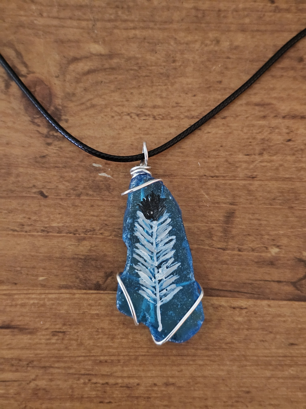 Handmade Blue Beach Glass Pendant Necklace with Hand-Painted Eagle Feather